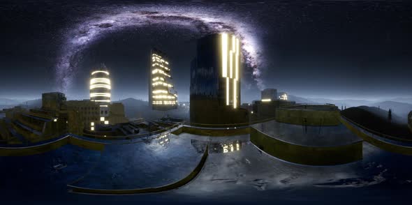 City Skyline at Night Under a Starry Sky. VR360