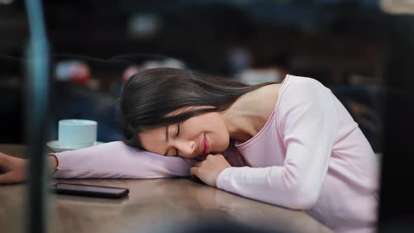 Unhappy Woman Worried Having Stress Crying Lying on Table Feeling Pain