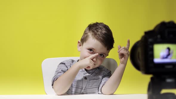 Child blogger videotapes his vlog at home. Boy recording his video blog