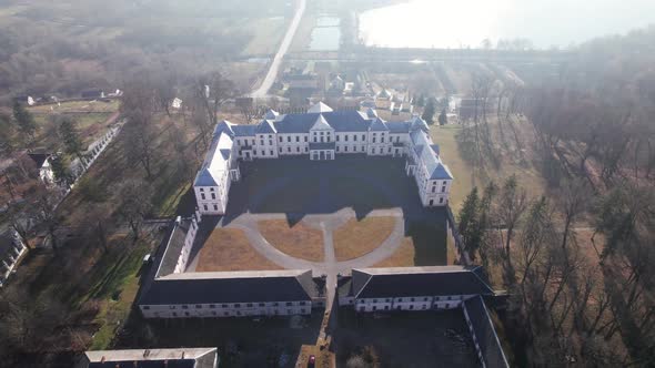 Front Aerial View of the Vyshnivets Palace Ukraine in Autumn