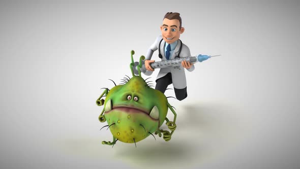 3D Animation of a fun doctor chasing a virus with a vaccine