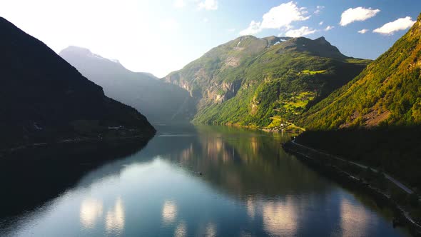 Panoramic drone landscape of Geiranger fjords, Geirangerfjord, Norway