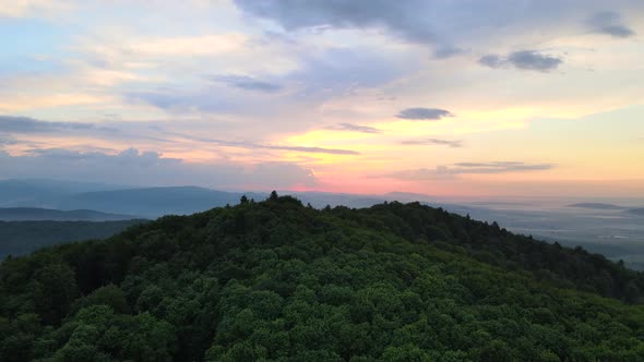 Aerial View of Green Pine Forest with Dark Spruce Trees Covering Mountain Hills at Sunset