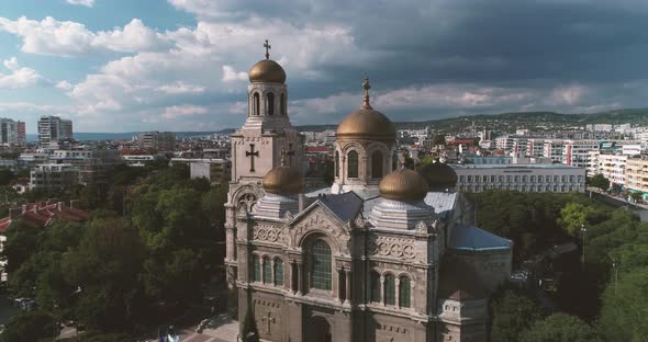 Varna Bulgaria, The Cathedral of the Assumption Aerial view. 4K. Drone