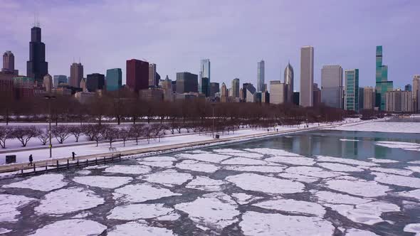 Chicago and Lake Michigan on Winter Frosty Day