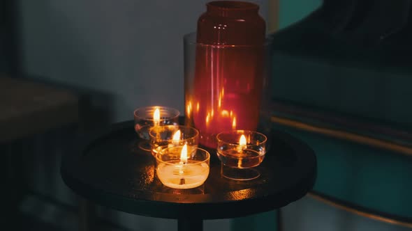 Burning Candles Inside Church Interior Prayer Candles Lit in Cathedral