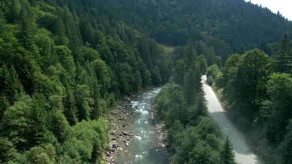 Aerial View of Mountains River Creek in the Forest