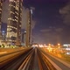 Train view on railway in Dubai Downtown at financial district, skyscraper buildings in urban city - VideoHive Item for Sale