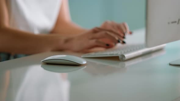 Businesswoman Hands Working Desktop Computer at Futuristic Office Close Up