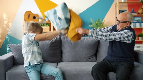 Playful People Old Man and Cute Boy Enjoying Pillow Fight Having Fun at Home alt