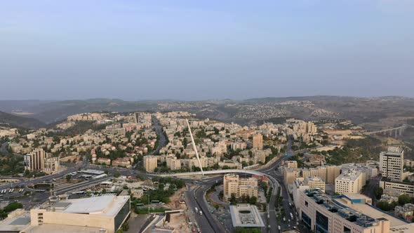 Jerusalem Chords bridge over the main road, entrance, aerial shot, drone.