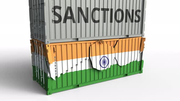 Container with SANCTIONS Text Breaks Container with Flag of India alt