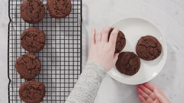 Flat lay. Freshly baked double chocolate chip cookies on a cooling rack