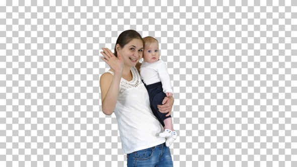 Happy mom and cute kid baby son waving hands saying hi to camera