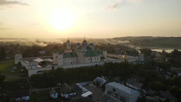 Aerial Shot Village Mezhyrich. Holy Trinity Monastery Of The Upc. Ukraine