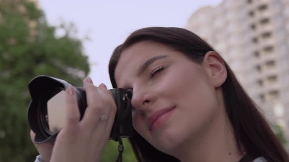 Photographer Woman Working Making Street Photo Shoot with Camera Freelancer