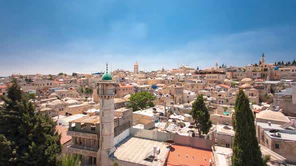 Panorama of Jerusalem Old City and Temple Mount Timelapse Hyperlapse From Austrian Hospice Roof