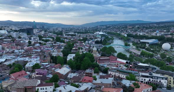 Tbilisi, Georgia - May 23 2022: Aerial view of Old Tbilisi, Flying over historic houses