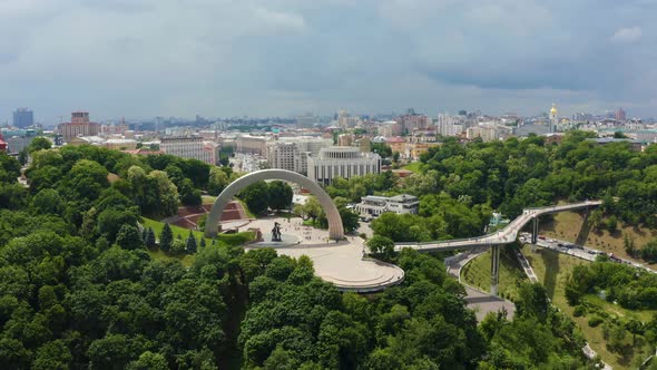 Aerial Panoramic View of People's Friendship Arch in Kyiv