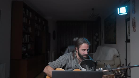 Young Bearded Songwriter Performing a Concert in His Living Room Because of Covid Pandemic