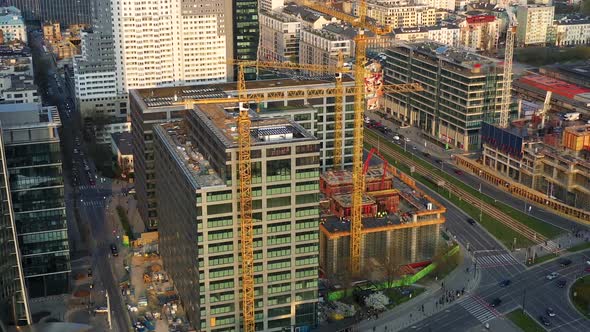 Aerial View of Construction Cranes and Building Construction in the Center of Warsaw Poland