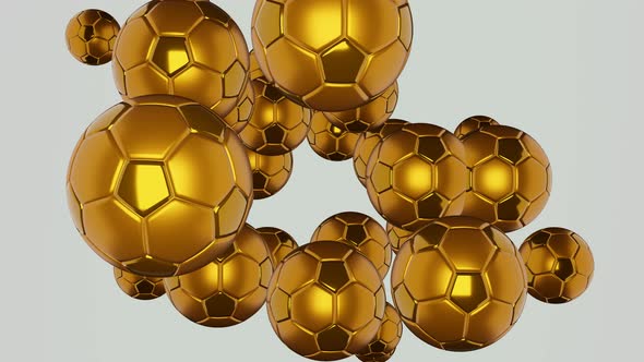 Many golden football balls flying to camera on white background.