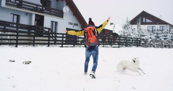 In the Winter Young Man Tourist with All Travel