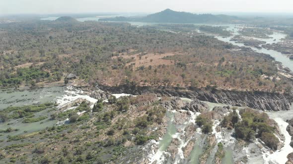 Aerial: flying over Don Det and the 4000 islands Mekong River in Laos