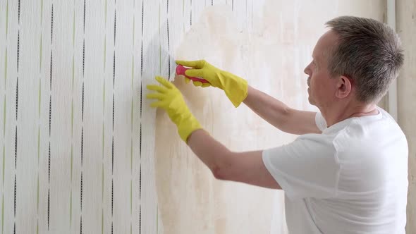 An Adult Man Takes Off the Wallpaper Works with a Spatula in the Room