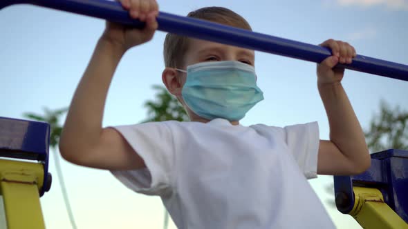 Teenage Boy Medical Mask Is Engaged Sports