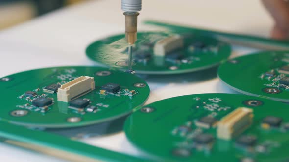 Microchips Welded at a Factory, Close Up.