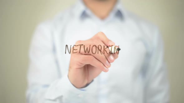 Networking, Businessman Writing on Transparent Screen