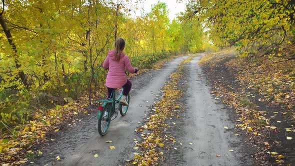 Little Girl Riding a Bike in the Forest Road on Sunny Day.