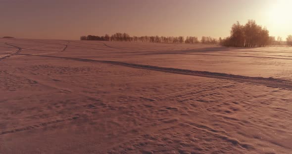 Aerial Drone View of Cold Winter Landscape with Arctic Field, Trees Covered with Frost Snow and