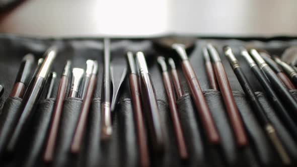 Set of Brushes for Makeup on Table in the Beauty Salon. Fashion Industry.