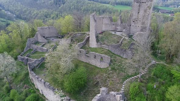 Aerial video of the Schenkenberg Castle ruins in Aarau, Switzerland