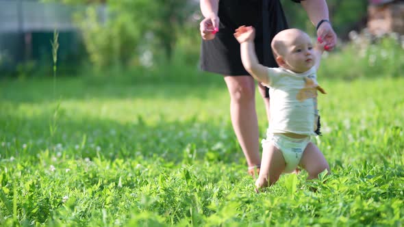 Mom and Baby Walk Hand in Hand on the Green Grass