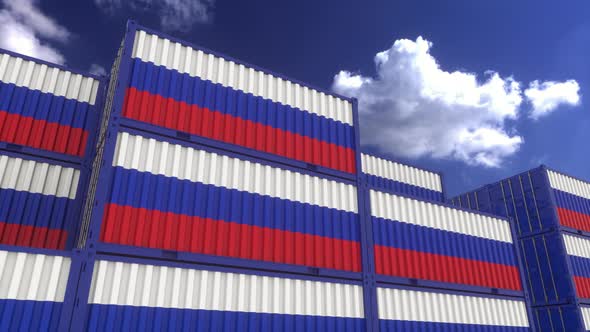 Russia Flag Containers are Located at the Container Terminal