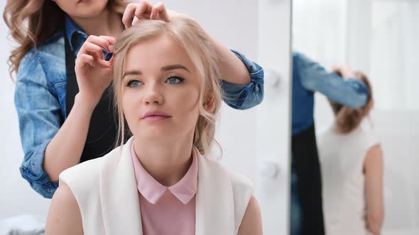 Close Up Portrait Young Girl During Hairstyle Creating at Beauty Salon