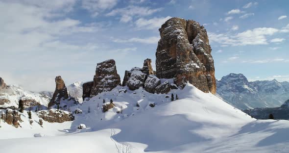 Forward Aerial Toward Majestic Cinque Torri Rocky Mounts Tilting Up