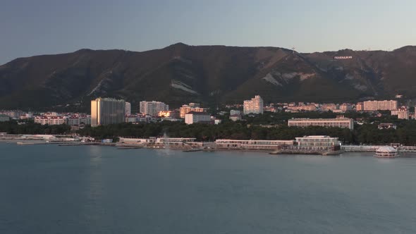 Aerial View Sunset Sea Landscape Touristic Mountain Resort City Bay