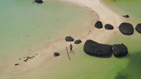 Beautiful Tropical Island Koh Kham White Sand Beach with Volcanic Rocks Near Koh Mak Trat Thailand