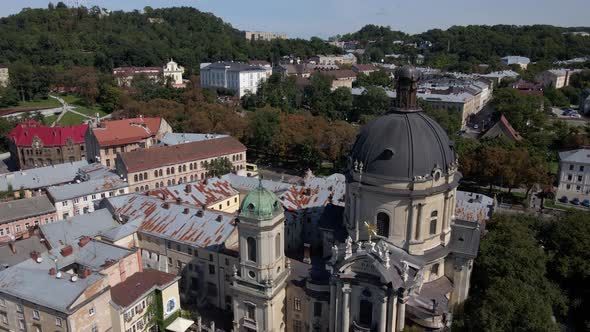 Aerial Video of Dominican Church in Central Part of Old City of Lviv Ukraine