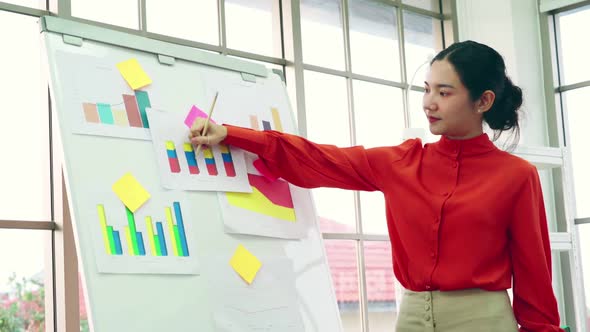 Young Woman Explains Business Data on White Board