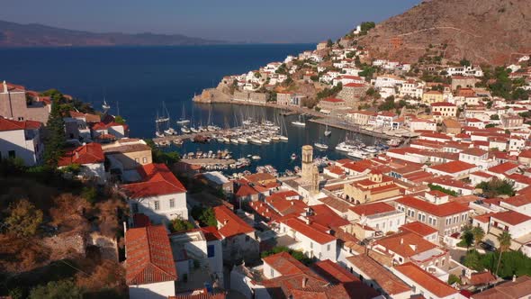 Aerial View of the Old Town on Hydra Island in Greece