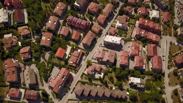 Drone shot of Fabriano city during a sunny summer day. Italy, Marches