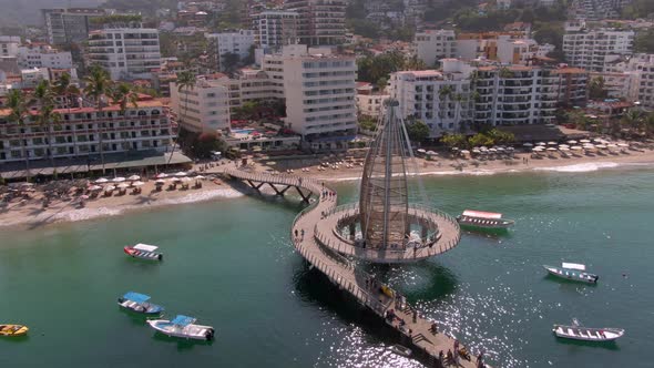 Aerial View Of Malecon Playa los Muertos, Puerto Vallarta In Mexico - drone shot