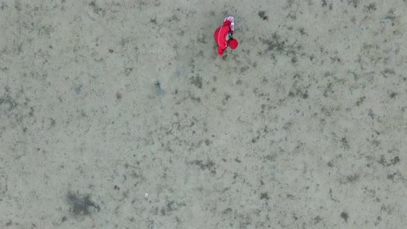 Top View Of A Woman Picking Up Clams In The Sand At Low Tide In Koh Phangan Thailand