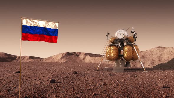 Descent Module Of Interplanetary Space Station On Surface Of Mars And Russian Flag