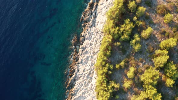 Aerial View of the Green Shores of the Island Korcula at Sunset Croatia